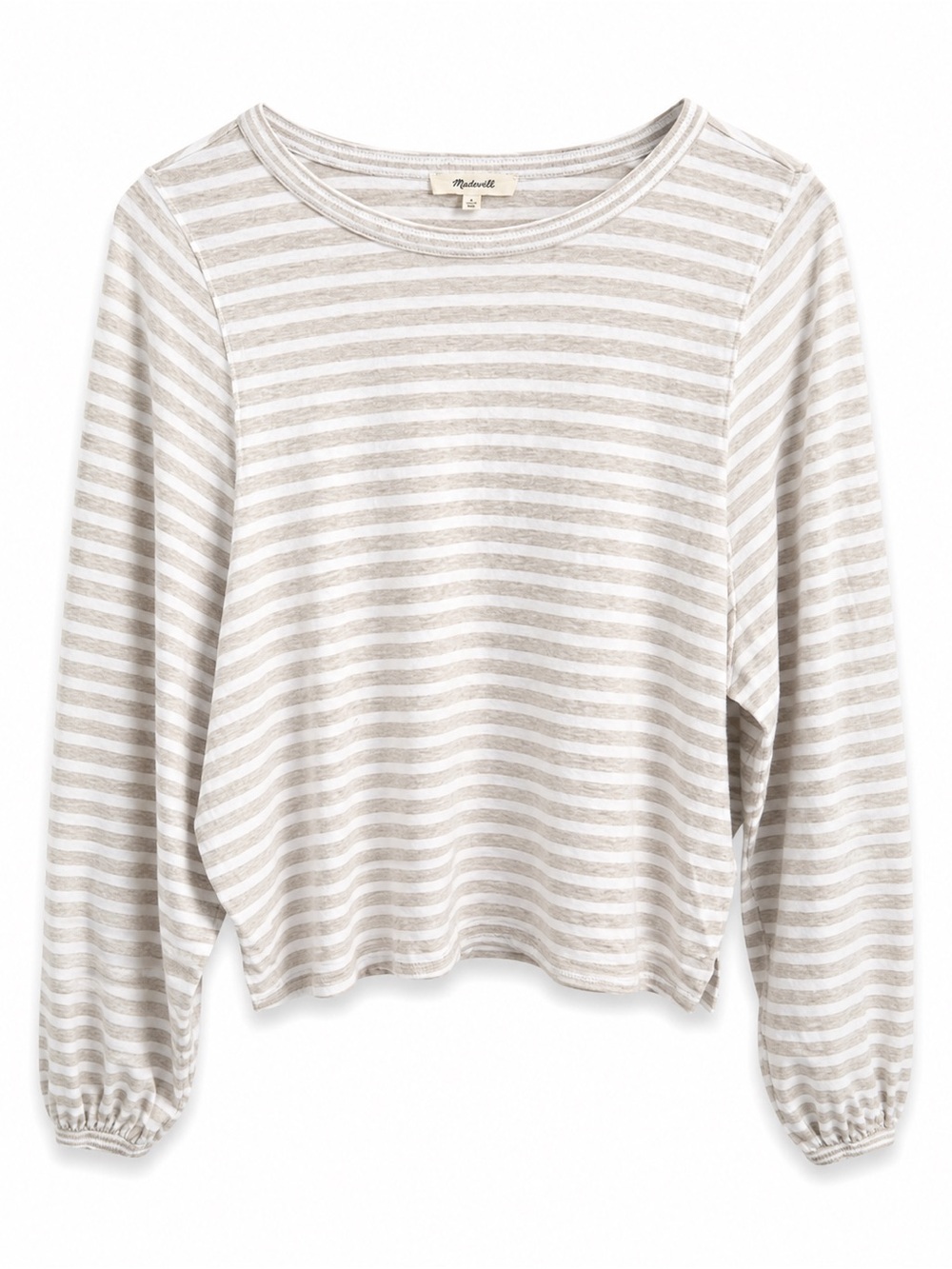 Madewell Cotton Linen Knit Striped Top Women's L Beige White Gathered Sleeve